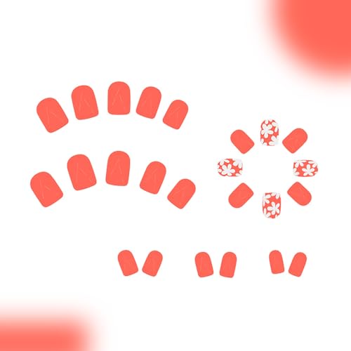 24Pcs Orange Flower Press on Nails - Short Square Acrylics