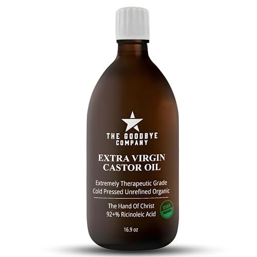 GoodBye Company USDA Organic Cold-Pressed Castor Oil, 16.9 oz Amber Glass Bottle, Hexane-Free, Extra Virgin, Food Grade, for Hair, Skin, Lashes, Brows & Digestive