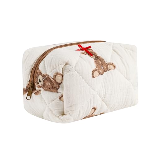 Cute Quilted Cotton Makeup Bag - Small Travel Cosmetic Organizer with Bear & Flower Design