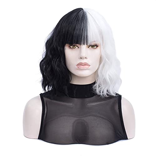 MORTICIA White and Black Short Curly Bob Wig with Bangs
