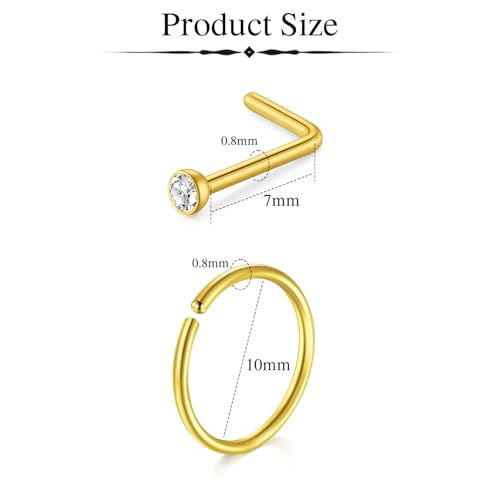DJCIW Gold Style 20PCS Nose Piercing Kit with L-Shaped CZ Studs & Hoop Rings