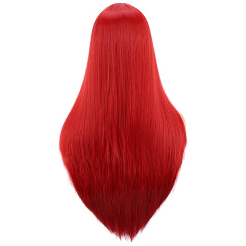 BERON 26-Inch Red Straight Wig with Bangs Heat-Resistant Synthetic Hair