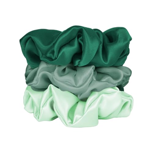 LumeSilk Pure Silk Scrunchies - 100% Mulberry Silk (Emerald, Sage & Mint Green, 3 Pack)