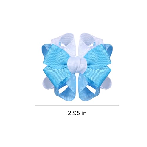 Blue & White Colorful Flower Hair Bow Clips 2.95 Inch Grosgrain Ribbon Hair Accessories for Girls - Handmade Cheer & School Style