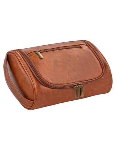 Cumbanho Compact Men's Toiletry Bag - Water-Resistant PU Leather Dopp Kit, Brown