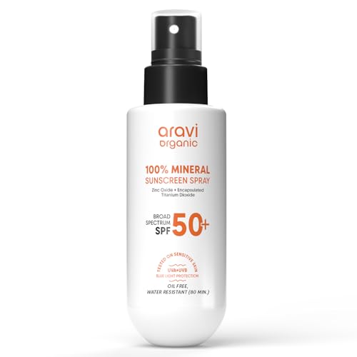 Aravi Organic 100% Mineral Sunscreen Spray SPF 50 - 3.3 Fl Oz | Water Resistant, Lightweight, No White Cast