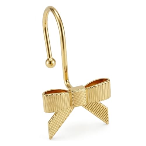 Gold Bow Shower Curtain Hooks - 12 Pack Rust Proof Metal Rings