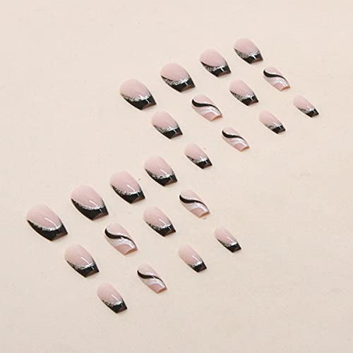 LRKNNO LM2 French Tip Press-On Nails Medium Square with Silver Glitter Line - Glossy Coffin Fake Nails for Women 24Pcs