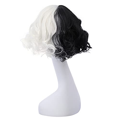 MAGQOO Half Black White Wavy Wig for Women Short Curly Cosplay Halloween Costume