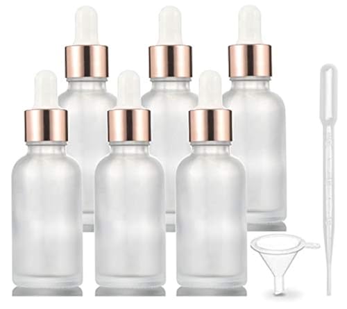 Furnido 1 Oz (6 Pack) Frosted Glass Essential Oil Dropper Bottles with Rose Gold Caps