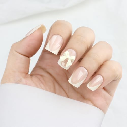 VOTACOS Milky Yellow French Tip Press On Nails Short Square with Bow Design 24PCS