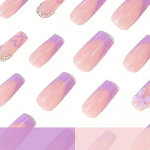 YEFIUO MQ05 Medium Square Press On Nails with Heart Rhinestones – Purple French Design 24Pcs