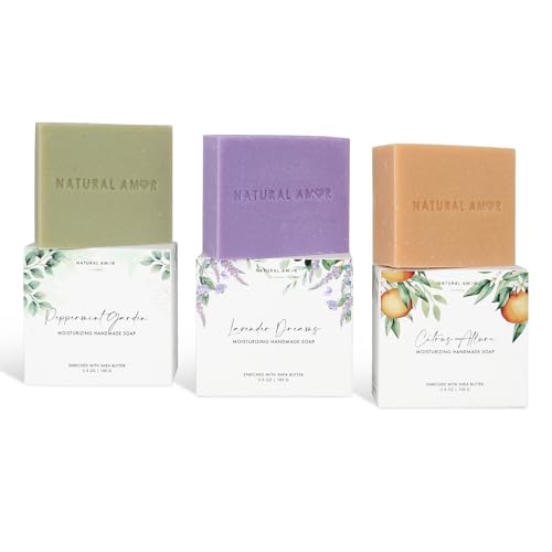 Natural Amor Handmade Soap Set with Lavender, Peppermint & Citrus - 3 x 3.5oz Gift Boxes