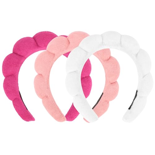 3 Pack Spa Headbands - Terry Cloth Makeup & Facial Cleansing Bands (White, Pink, Hot Pink)