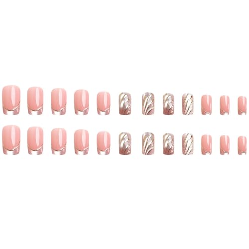 Lukmexor Short Square Gold Glitter French Press On Nails with Gold Line - Variation 10