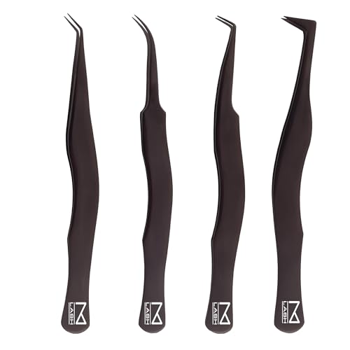 M Lash Black Eyelash Tweezers Set of 4 with Fiber Tips