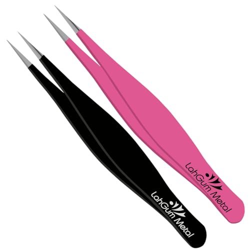 LahGum Metal Precision Needle Nose Tweezers 2-Piece Black & Pink for Ingrown Hair Removal