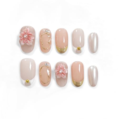 Short Oval Press on Nails - Nude Pink with 3D Floral Embellishments (S)
