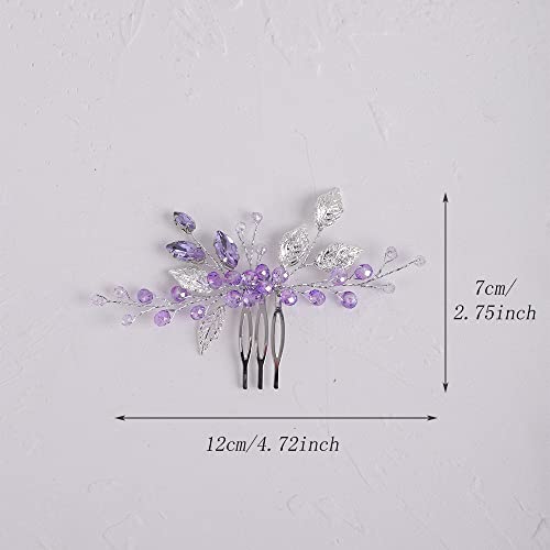 Wedding Crystal Leaf Hair Comb Clip for Bride Bridesmaid Flower Girl - Purple & Silver