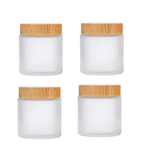 White Frosted Glass Cosmetic Jars 100g Refillable Containers with Wood Grain Lids - Travel Size