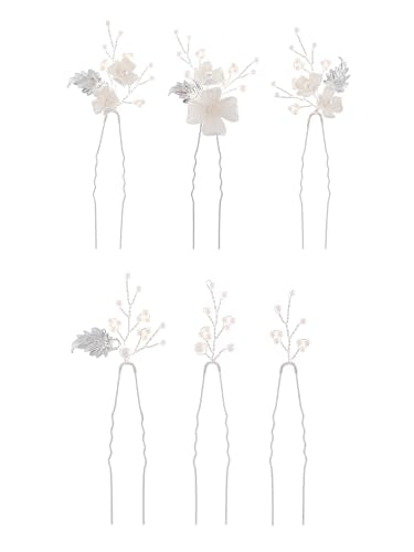 Silver Pearl Flower Bridal Hair Pins - 6 Pcs Wedding Accessories