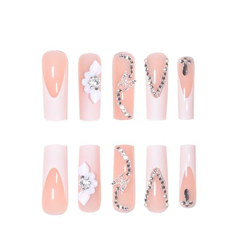 RikView Long White French Tip Press-On Nails with 3D Flowers, 24 pcs
