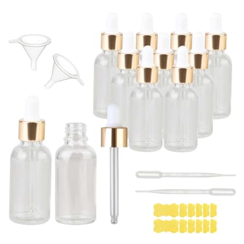 1oz Clear Glass Dropper Bottles - 12-Pack with Gold Caps & Labels