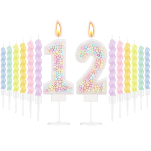 MTLEE Macaron Number 12 Birthday Candle Set with 12 Spiral Candles