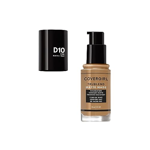Covergirl TruBlend Matte Made Liquid Foundation D10 Golden Caramel 1 Fl Oz – Long-Lasting, Oil-Absorbing Makeup