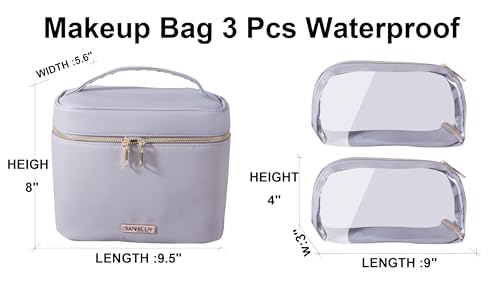 SANHECUN 3-Piece Grey Travel Cosmetic Makeup Bag Set with Organizer and Handles