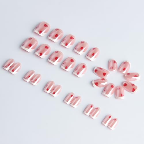 Valentine's Short Square Chrome Fake Nails with Heart Designs - 24Pcs Style 3