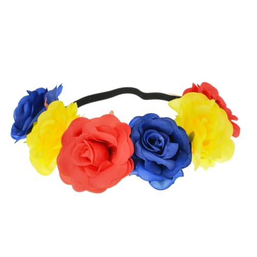 Boho Floral Crown Headband with Rose Flowers & Elastic Ribbon - Red, Yellow, Blue