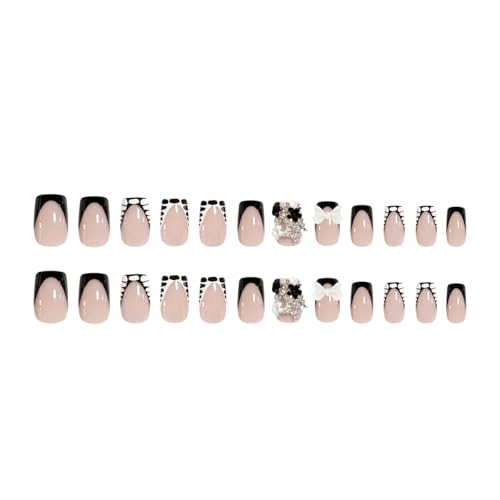 FBABFBUO Style3 Short Square Press On Nails with 3D Bow & Star Charm – 24Pcs