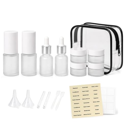 FYAWME White Frosted Glass Travel Bottles 18 pcs Mini TSA Approved Refillable Containers with Labels