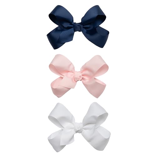 Girls' 3 Pack Hair Bows with Knot Wrap Center - 5 Inch Navy, Pink, White - Hair Clips, All Hair Types