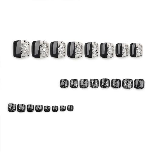 Tyuimhx Black Flowers Square Toenails - 24pc Reusable Glitter Nail Set (Variation: Black Flowers)