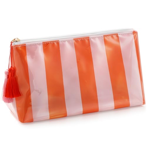 Cute Pink-Orange Striped Makeup Bag - Waterproof Travel Pouch