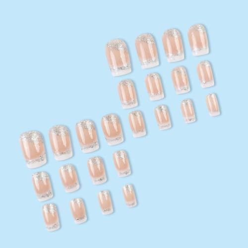 24pcs French Tip Press On Nails with Glitter - Medium Length