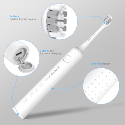 HYCHIKA Rechargeable Electric Toothbrush Snow White, 240-Day Battery Life, 8 Replacement Heads, 3 Modes