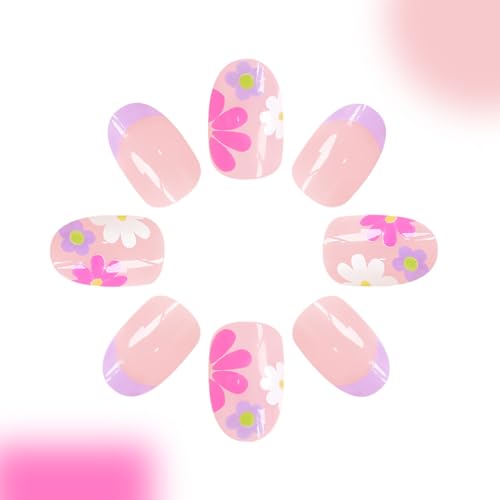 24 Pcs Almond Press On Nails with Colorful Daisy Flowers - French Tip Acrylics