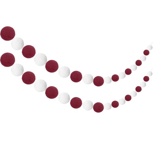 Maroon and White Pom Pom Garland - Set of 2, 8.3 ft Felt Ball Decorations