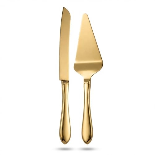 Gold Cake Cutting Set - Stainless Steel Knife & Server for Weddings