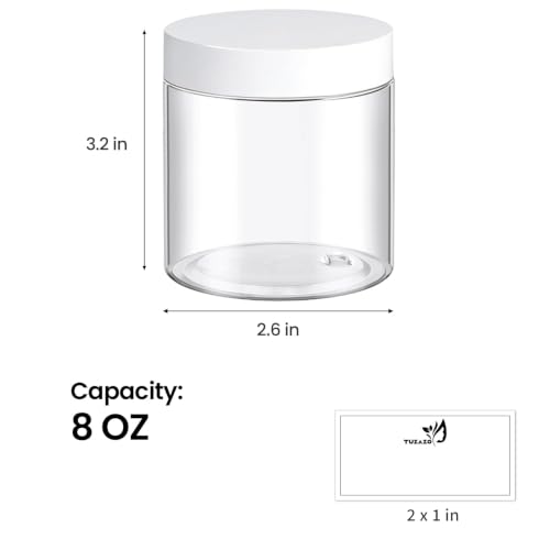 TUZAZO 8 Oz Plastic Containers with White Lids - 12 Pack Leak-Proof Jars