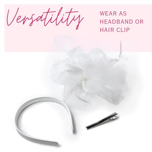 Needzo White Fascinator Headband or Hair Clip Derby Tea Party Accessory