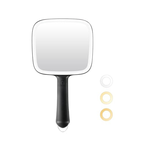 LOGUBYE Black Lighted Hand Mirror with 3 Light Colors, 6.2'' x 5.9'' Portable Makeup & Vanity Mirror