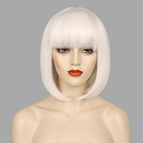 12 Inch White Synthetic Bob Wig with Bangs for Women, Short Straight Hair for Halloween & Parties