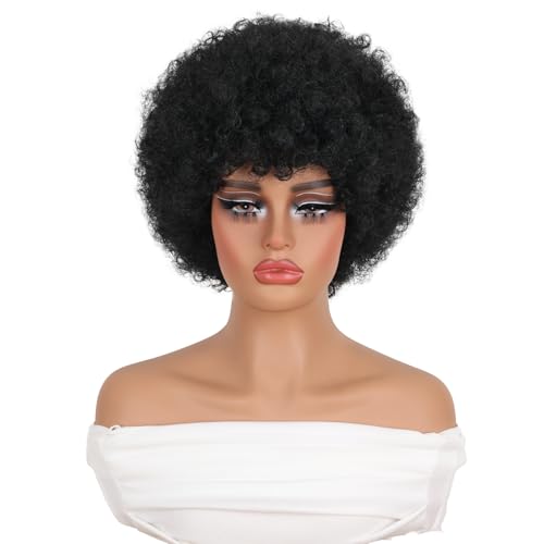GKtineke 8 Inch Afro Wig for Black Women - Natural Black 70s Curly Short Wig
