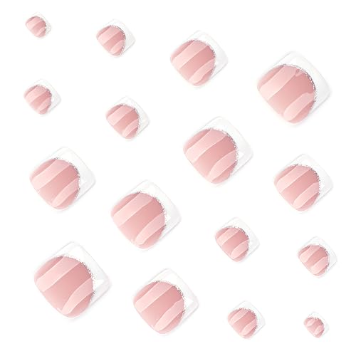 24 Pcs French Tip Press-On Toenails - Glossy Glitter Short Square