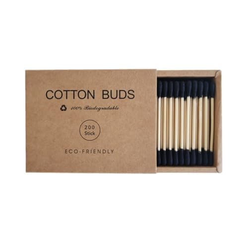 Premium Cotton Swabs - Biodegradable Organic Double Tips for Ear Wax Removal | 200 Count, Black