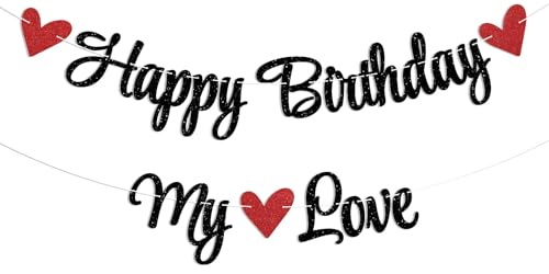 Happy Birthday My Love Banner - Black Glitter Party Decoration